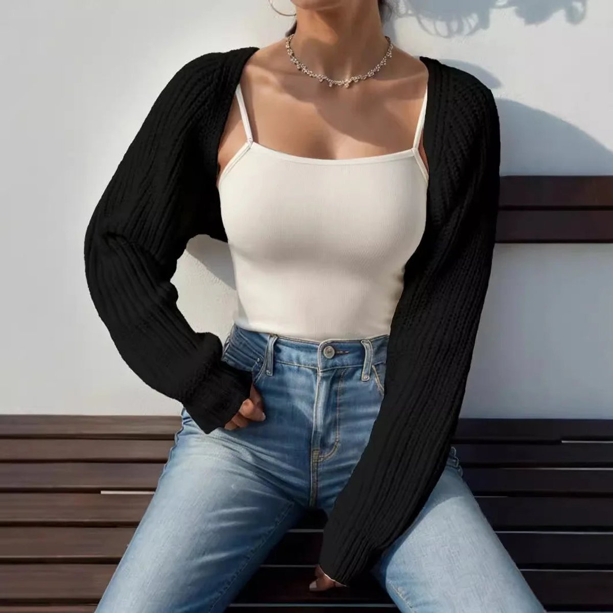 Womens Jumper Cropped Open-Front Ribbed Knit Shrug Cardigan