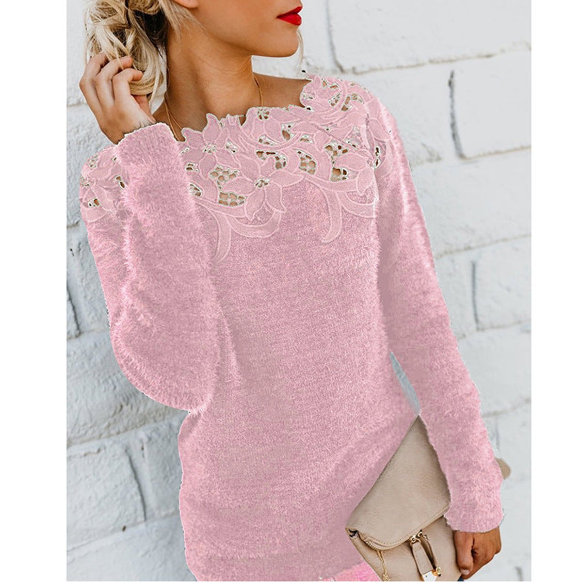 Womens Jumper Fluffy Knit Lace Floral Neckline Pullover - Pink