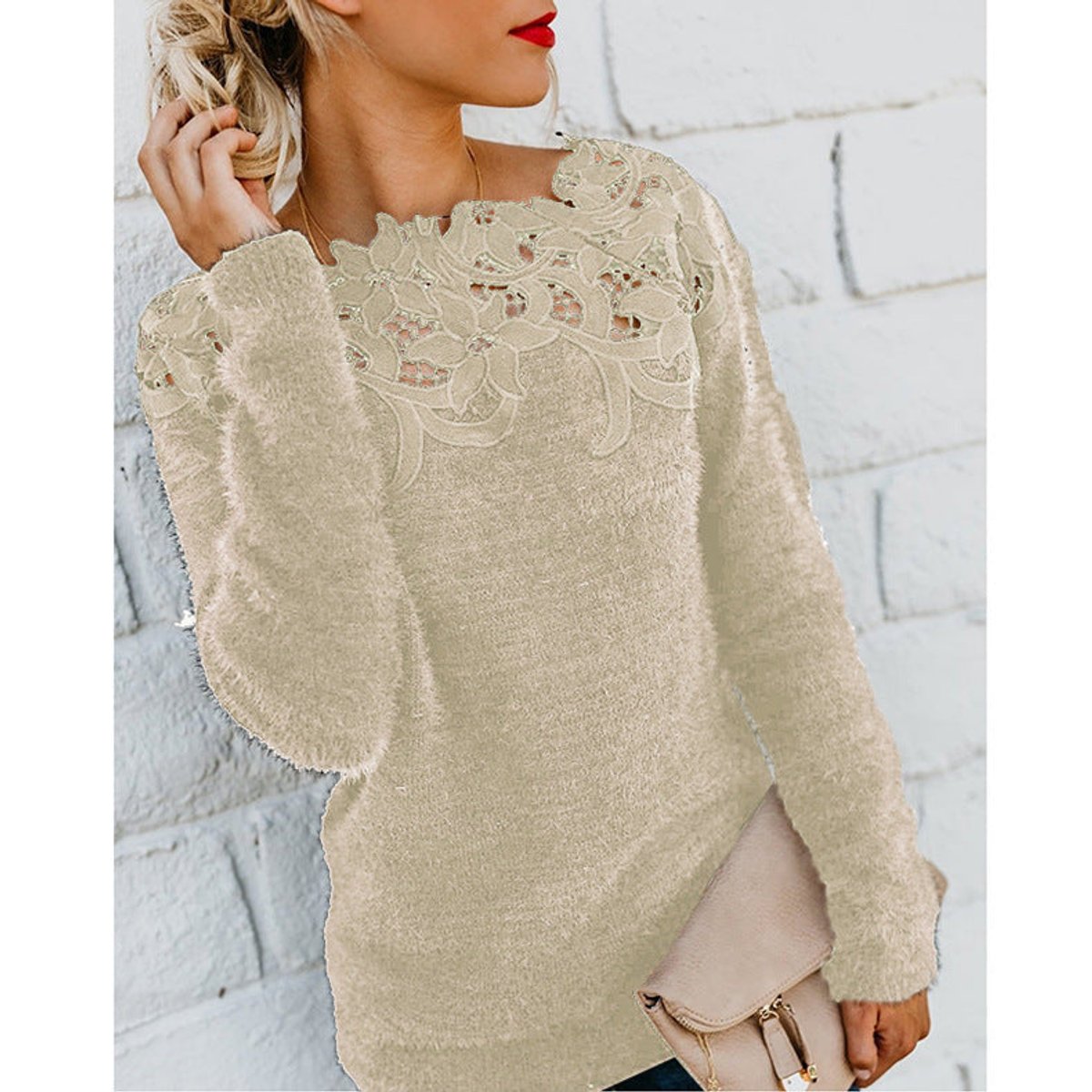 Womens Jumper Fluffy Knit Lace Floral Neckline Pullover - Beige