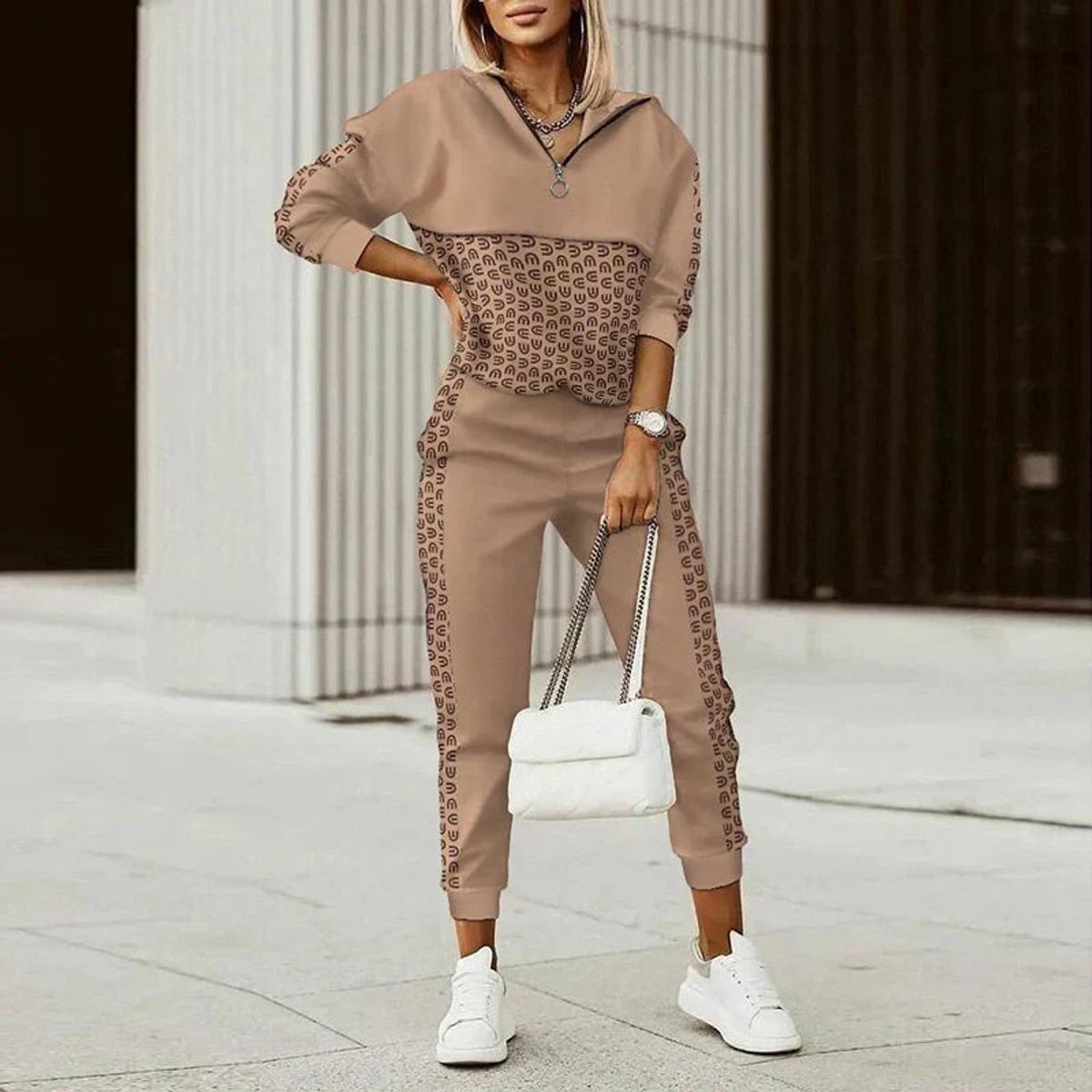 Womens Jumper Joggers Two-Piece Half-Zip Athleisure Set - Brown