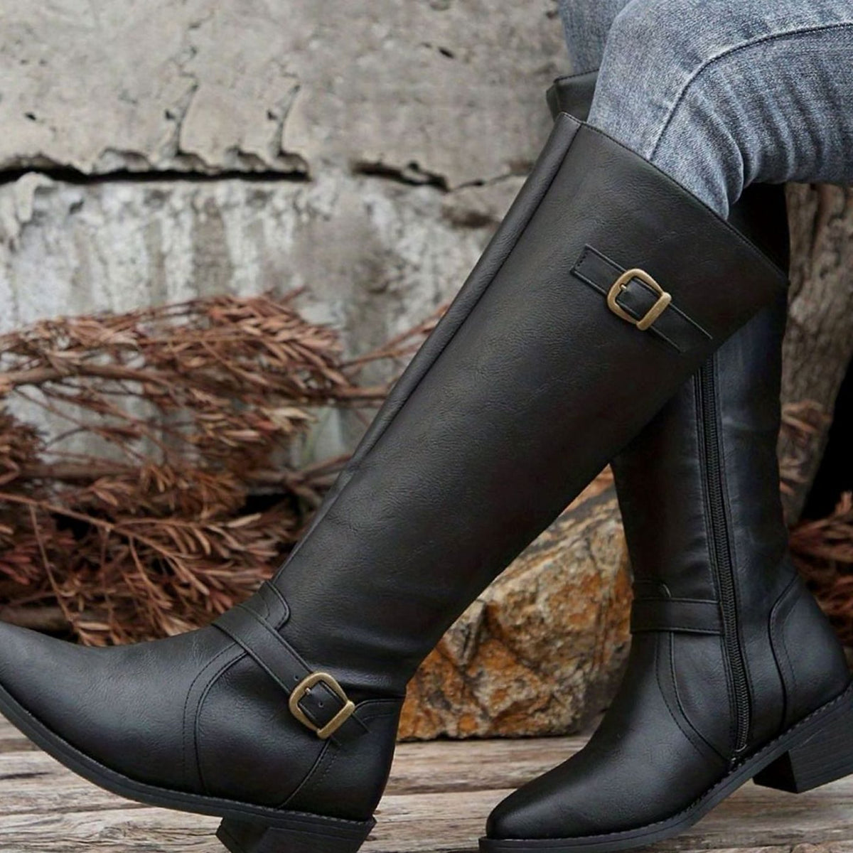 Women's Knee-High Riding Boots Buckle Zip Low Block Heel - Black