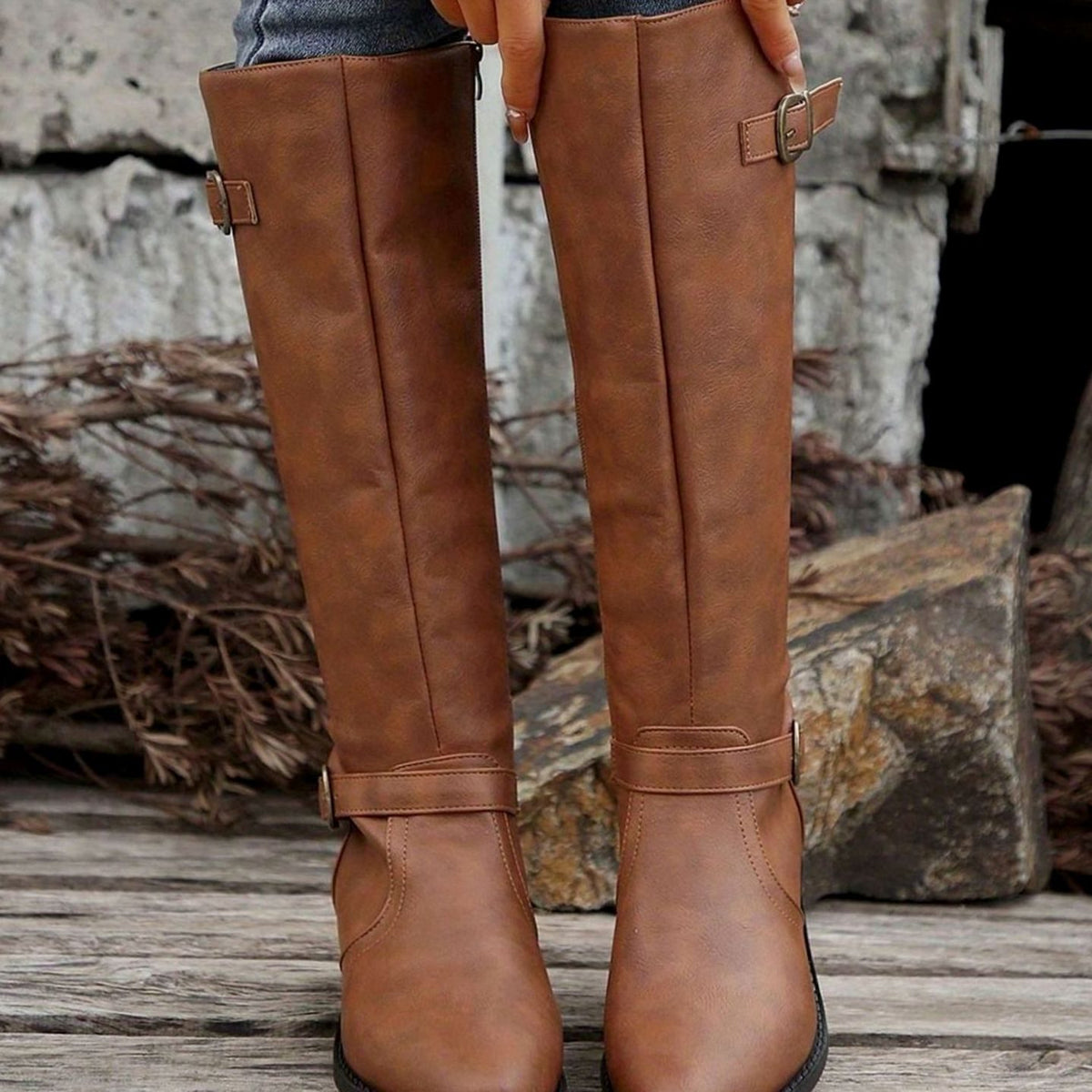 Women's Knee-High Riding Boots Buckle Zip Low Block Heel