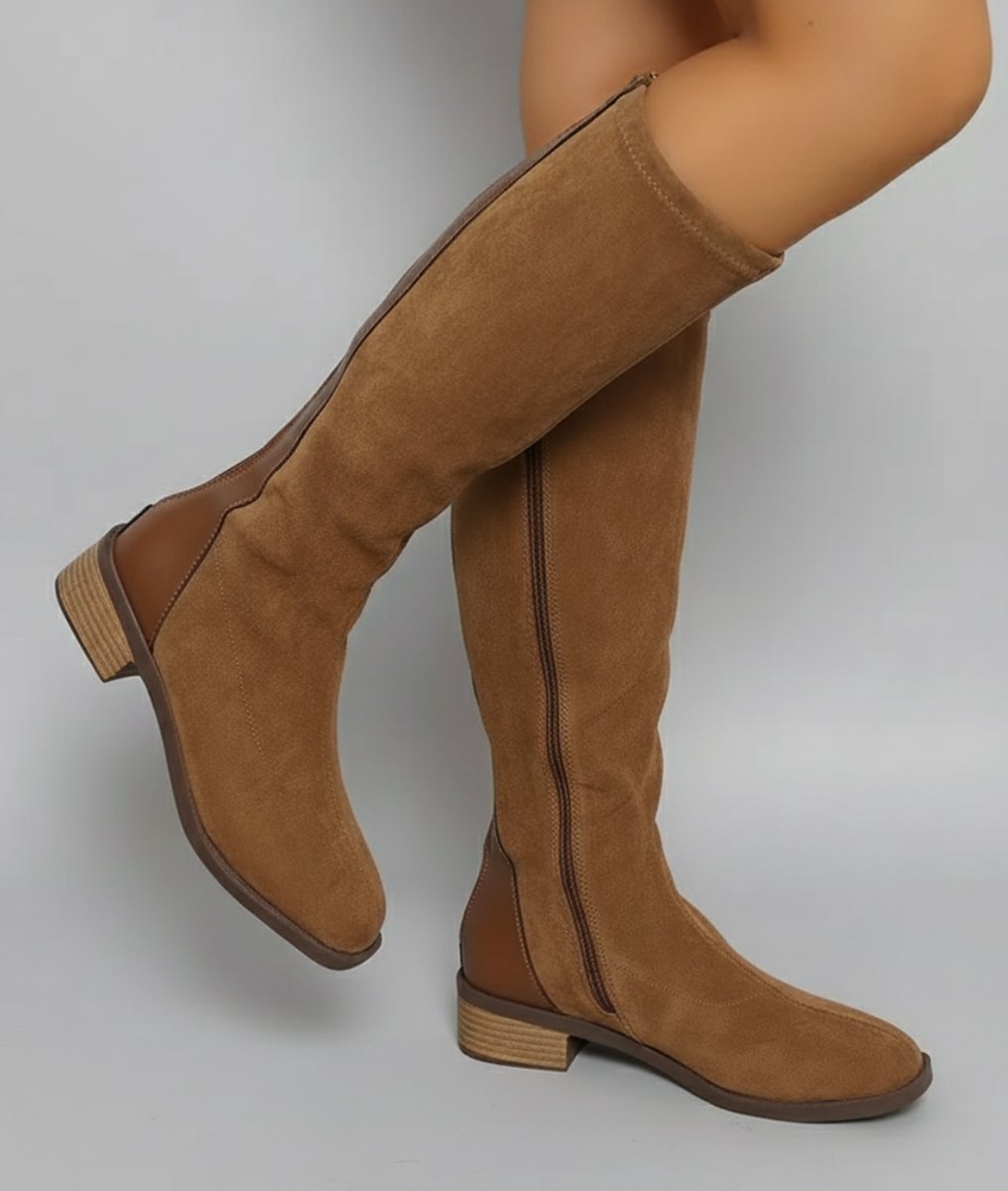 Women's Knee-High Suede Look Block Heel Riding Boots - Light Brown