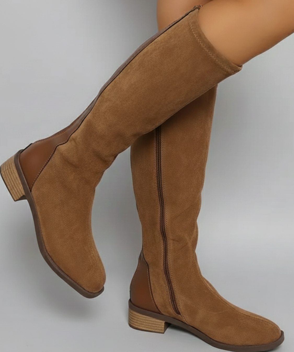 Women's Knee-High Suede Look Block Heel Riding Boots, Camel - Light Brown