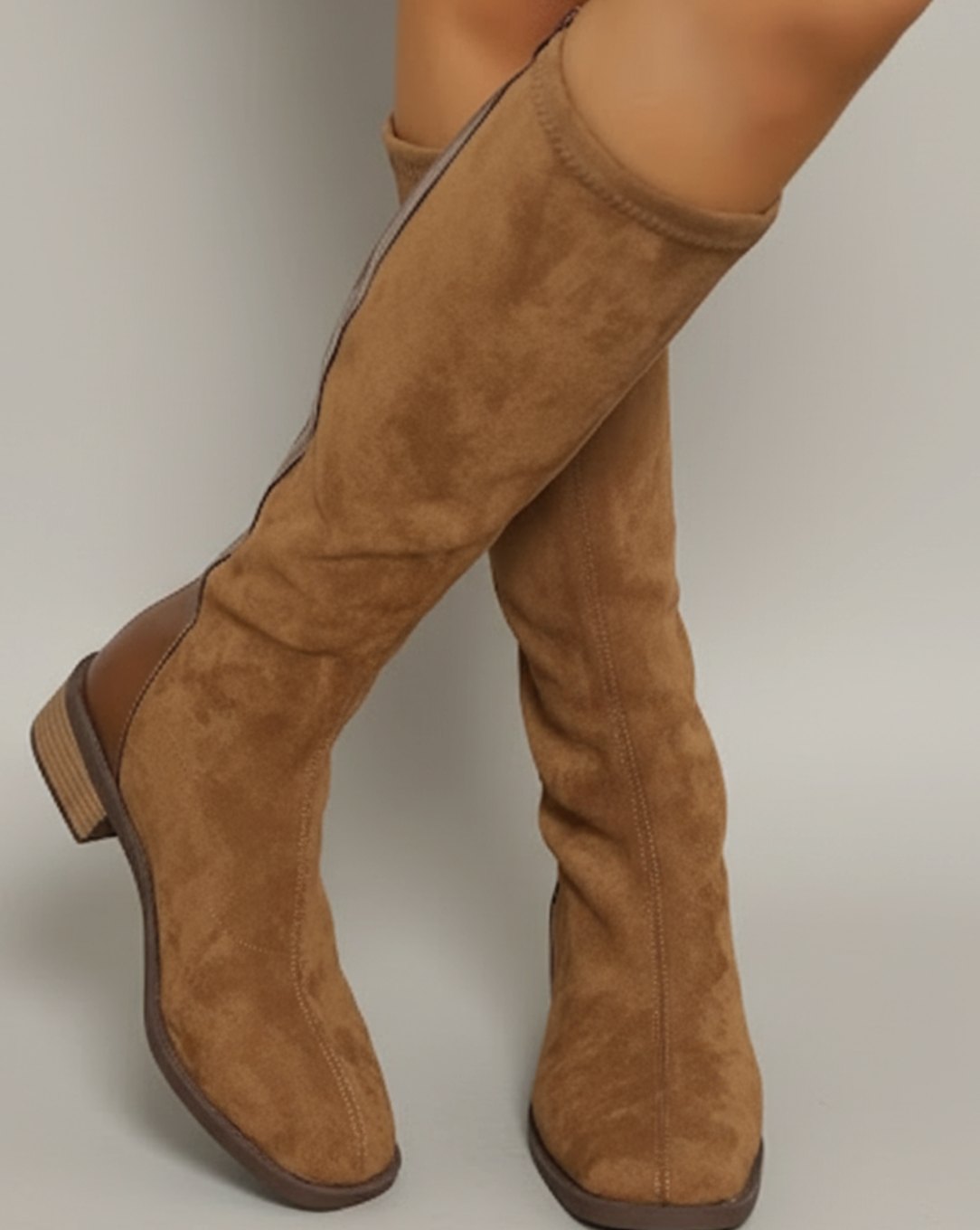Women's Knee-High Suede Look Block Heel Riding Boots, Camel