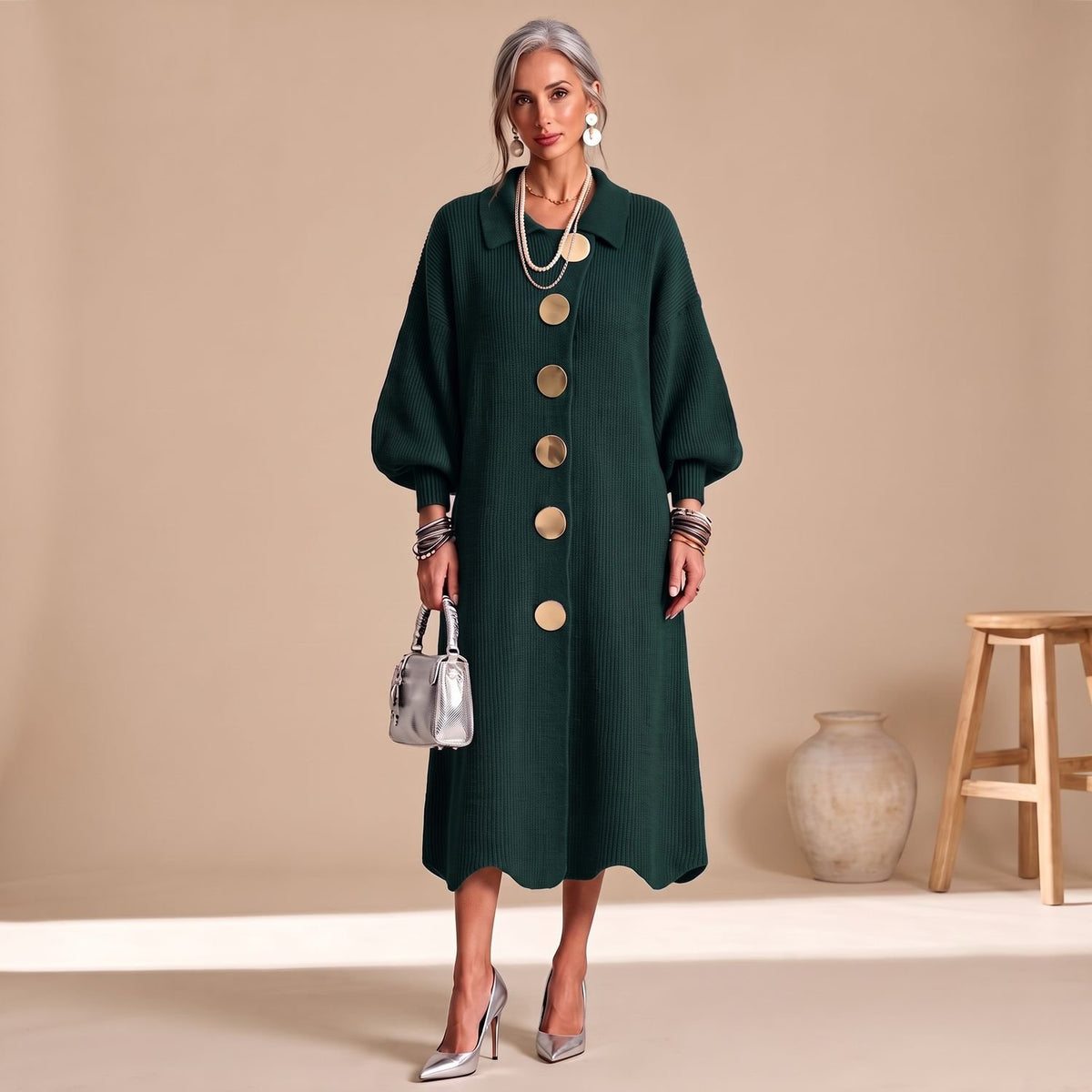 Women's Knit Long Sleeve Button-Down Midi Dress - Green
