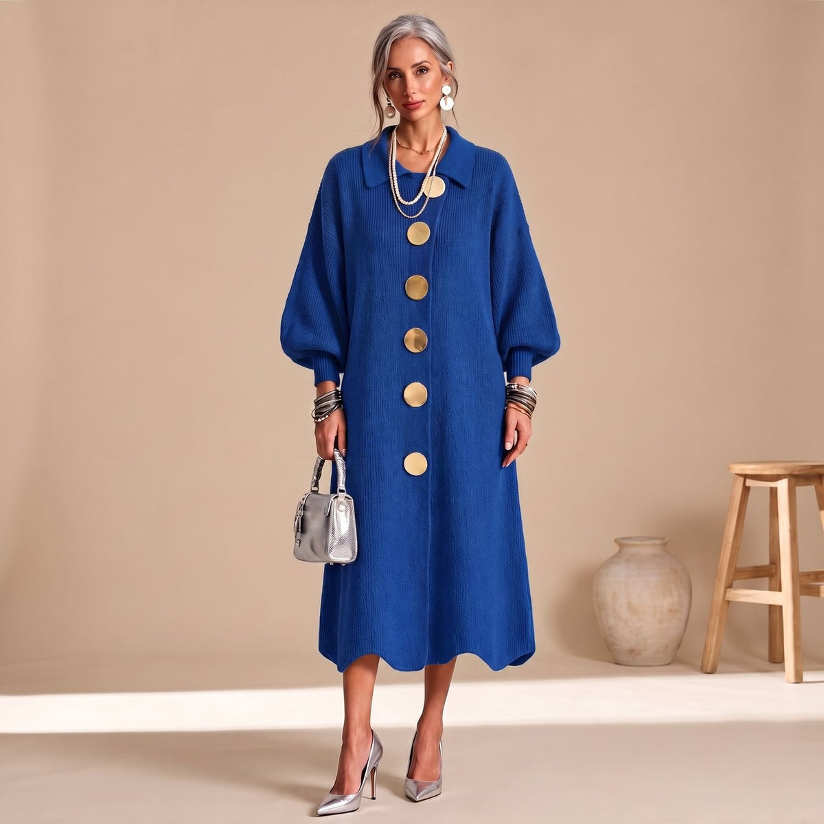 Women's Knit Long Sleeve Button-Down Midi Dress - Blue