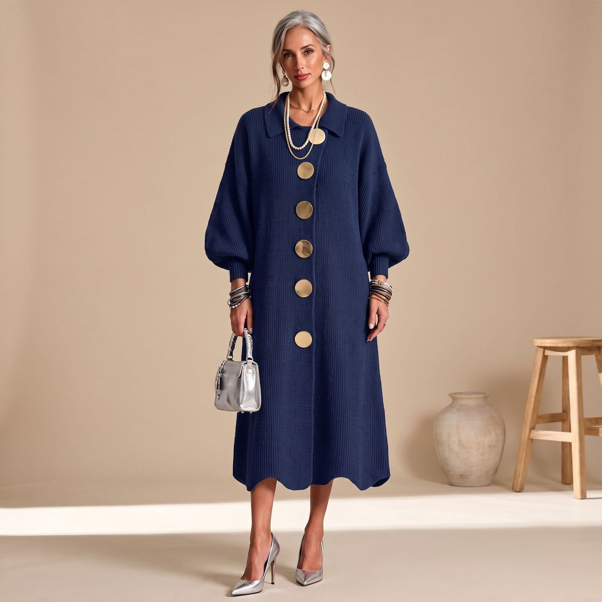 Women's Knit Long Sleeve Button-Down Midi Dress