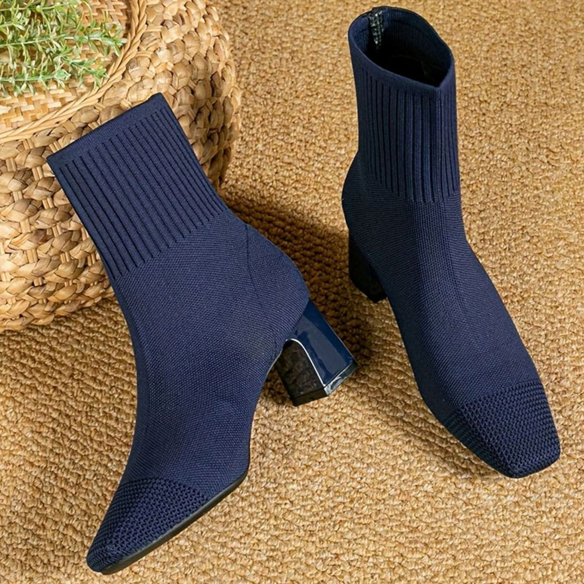 Women's Knit Sock Ankle Boots Block Heel Square Toe - Blue