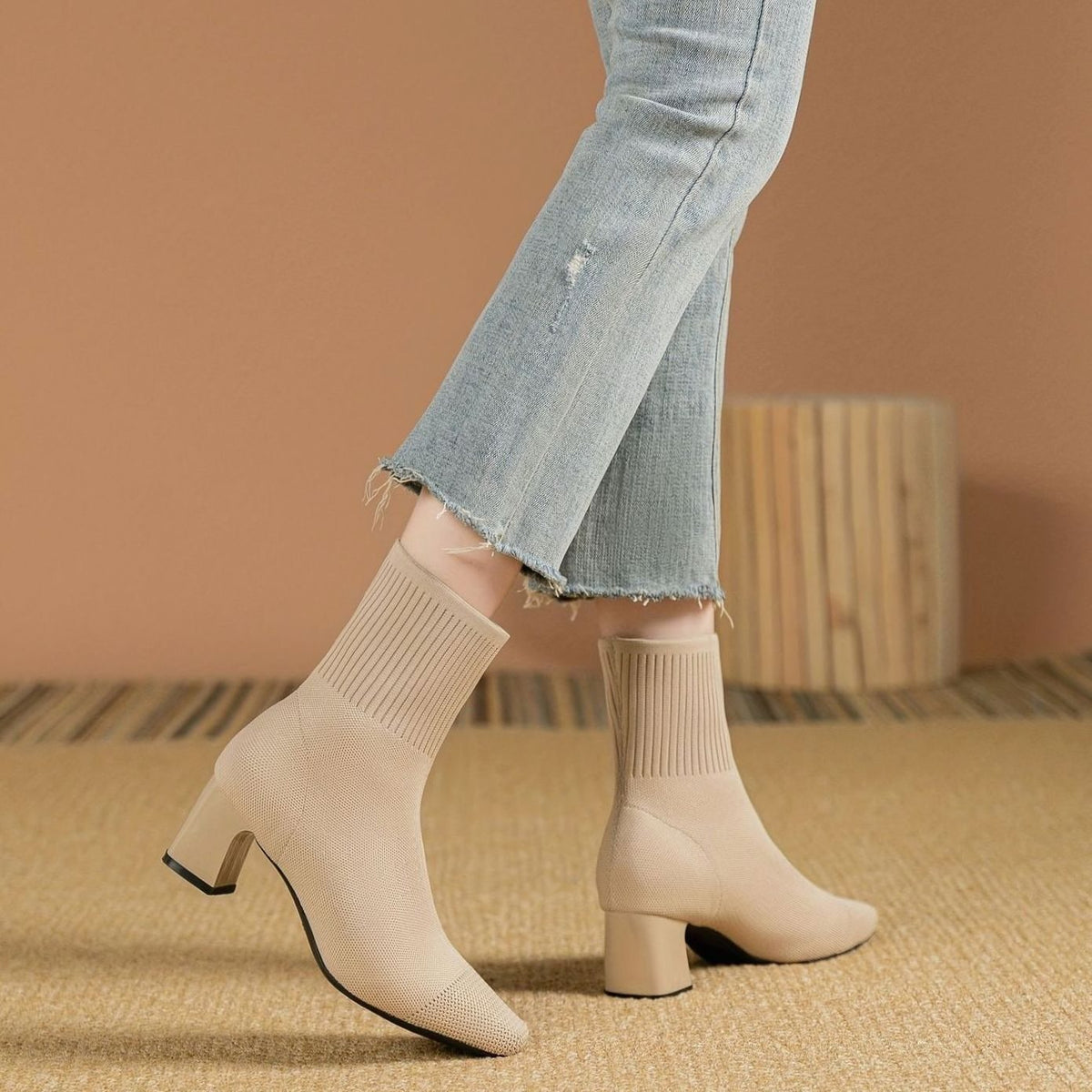 Women's Knit Sock Ankle Boots Block Heel Square Toe