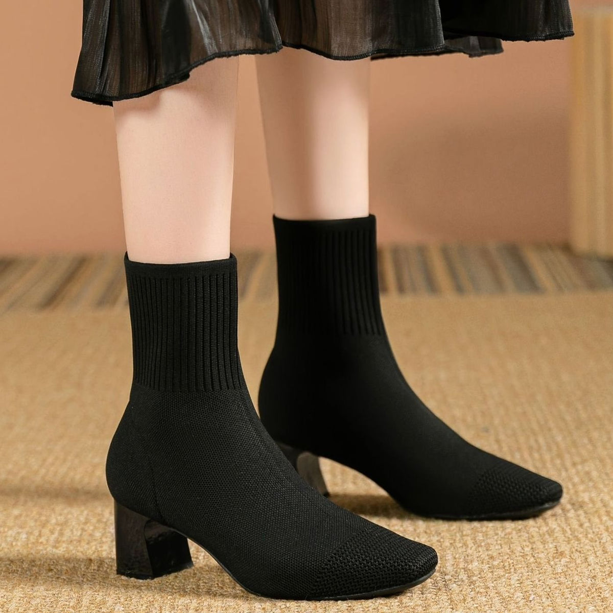 Women's Knit Sock Ankle Boots Block Heel Square Toe