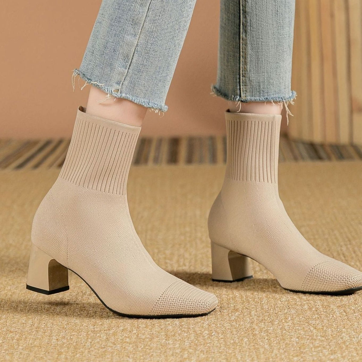 Women's Knit Sock Ankle Boots Block Heel Square Toe - Beige