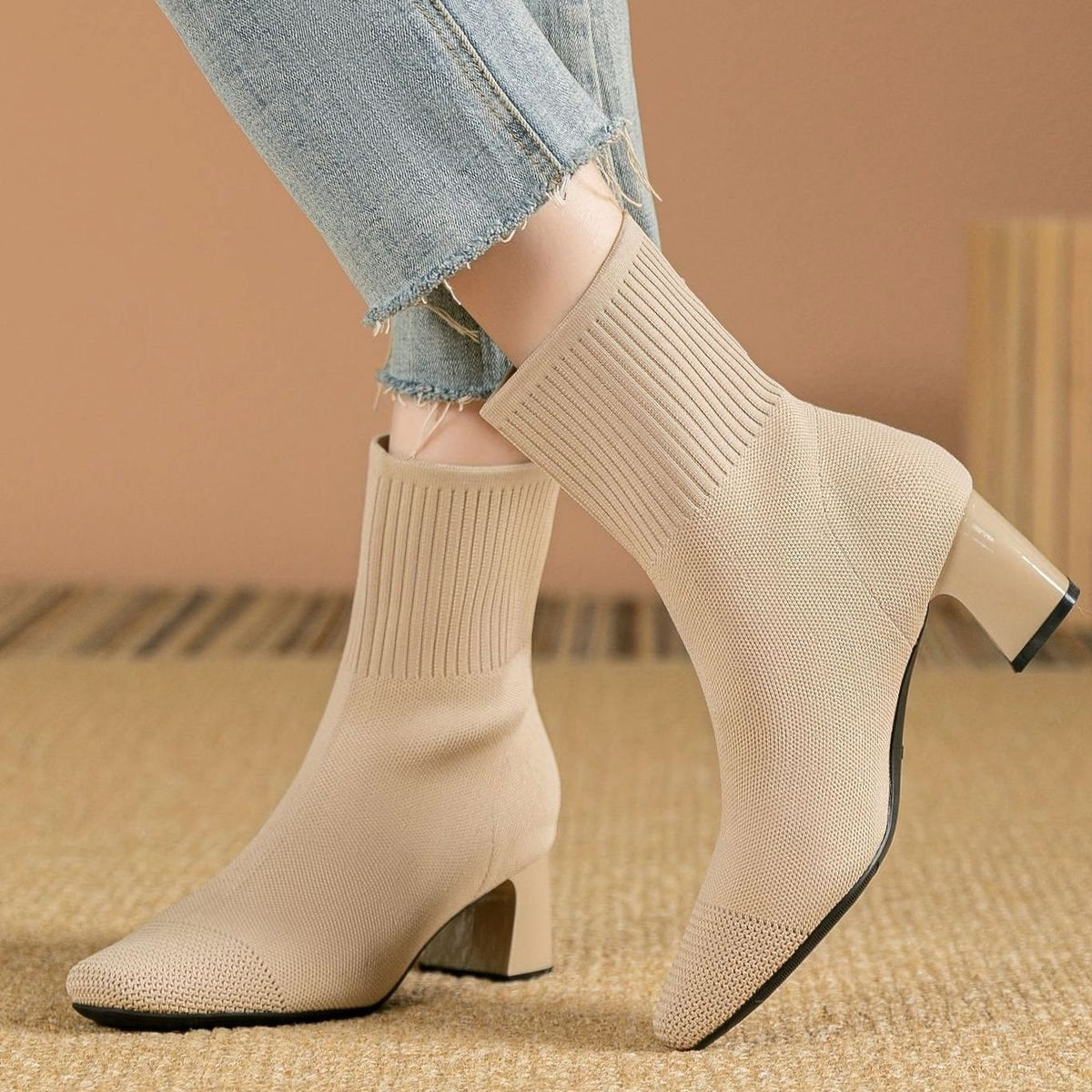Women's Knit Sock Ankle Boots Block Heel Square Toe