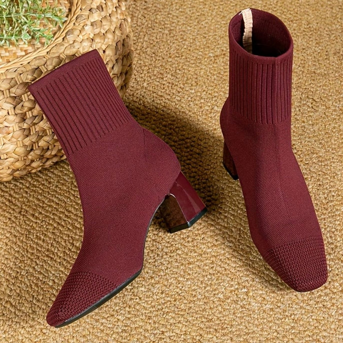 Women's Knit Sock Ankle Boots Block Heel Square Toe - Red