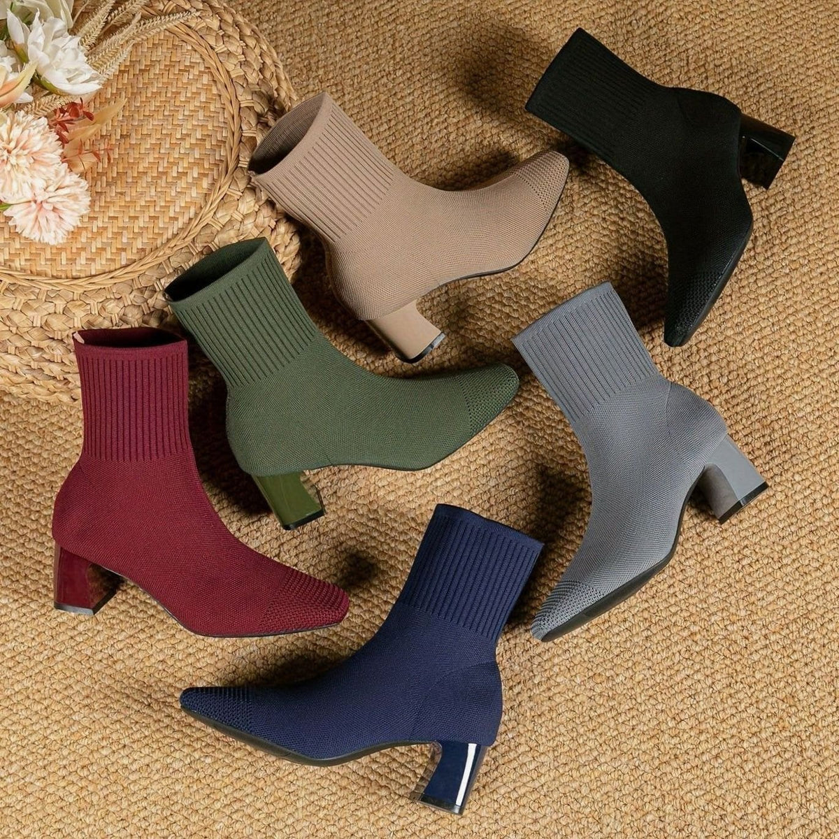 Women's Knit Sock Ankle Boots Block Heel Square Toe