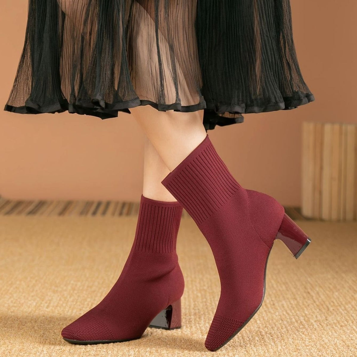 Women's Knit Sock Ankle Boots Block Heel Square Toe