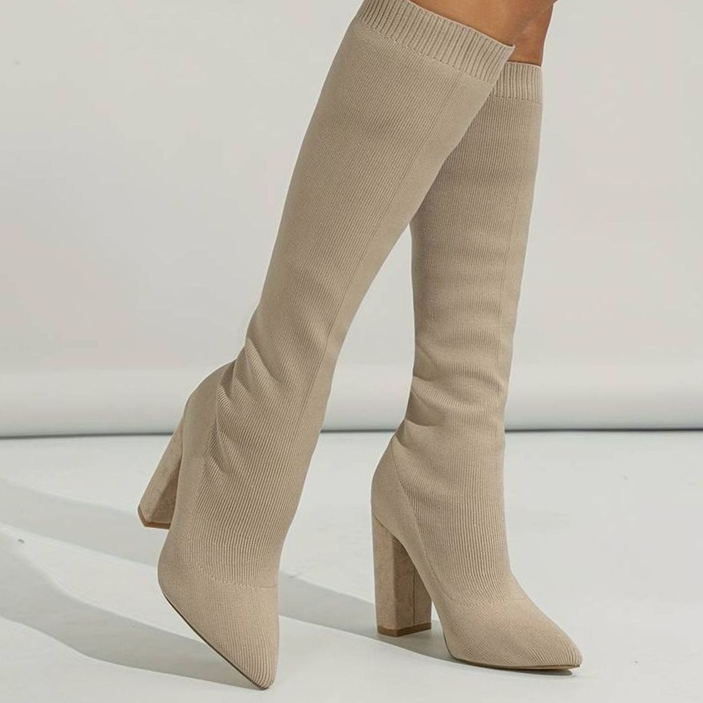 Women's Knitted Block Heel Knee-High Sock Boots