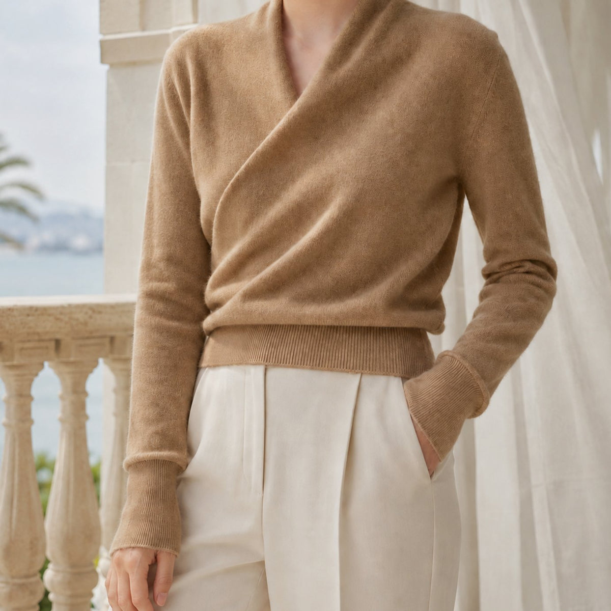 Women's Knitwear Cashmere Blend Crossover Shawl Neck Jumper - Camel