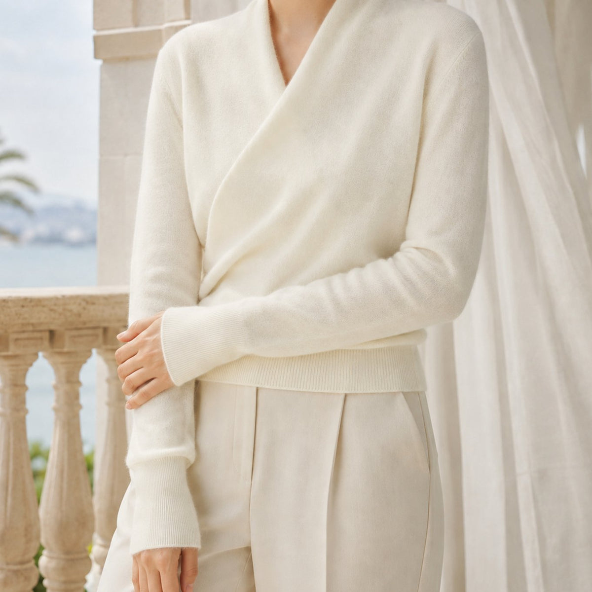 Women's Knitwear Cashmere Blend Crossover Shawl Neck Jumper - Ivory