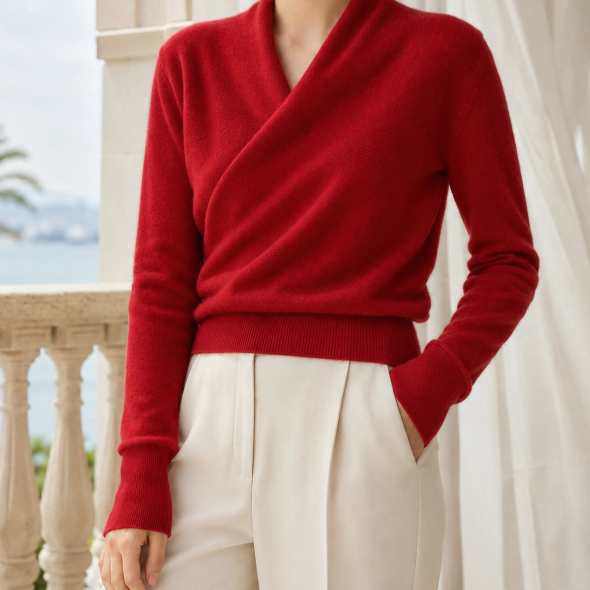 Women's Knitwear Cashmere Blend Crossover Shawl Neck Jumper - Red