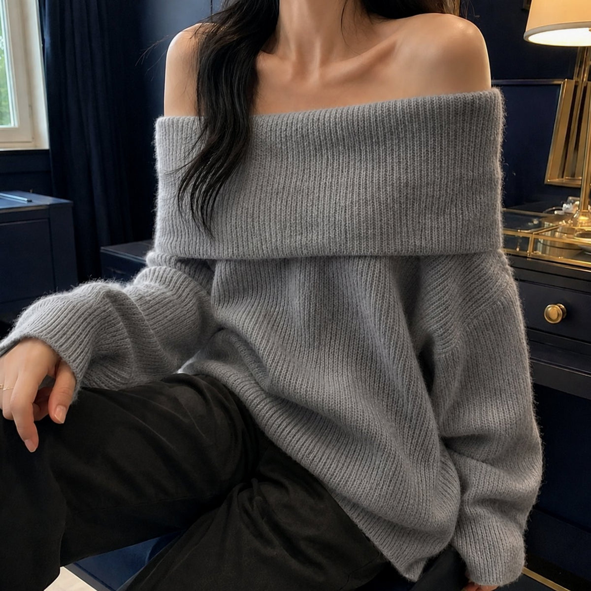 Women's Knitwear Off-Shoulder Oversized Foldover Pullover Jumper - Gray