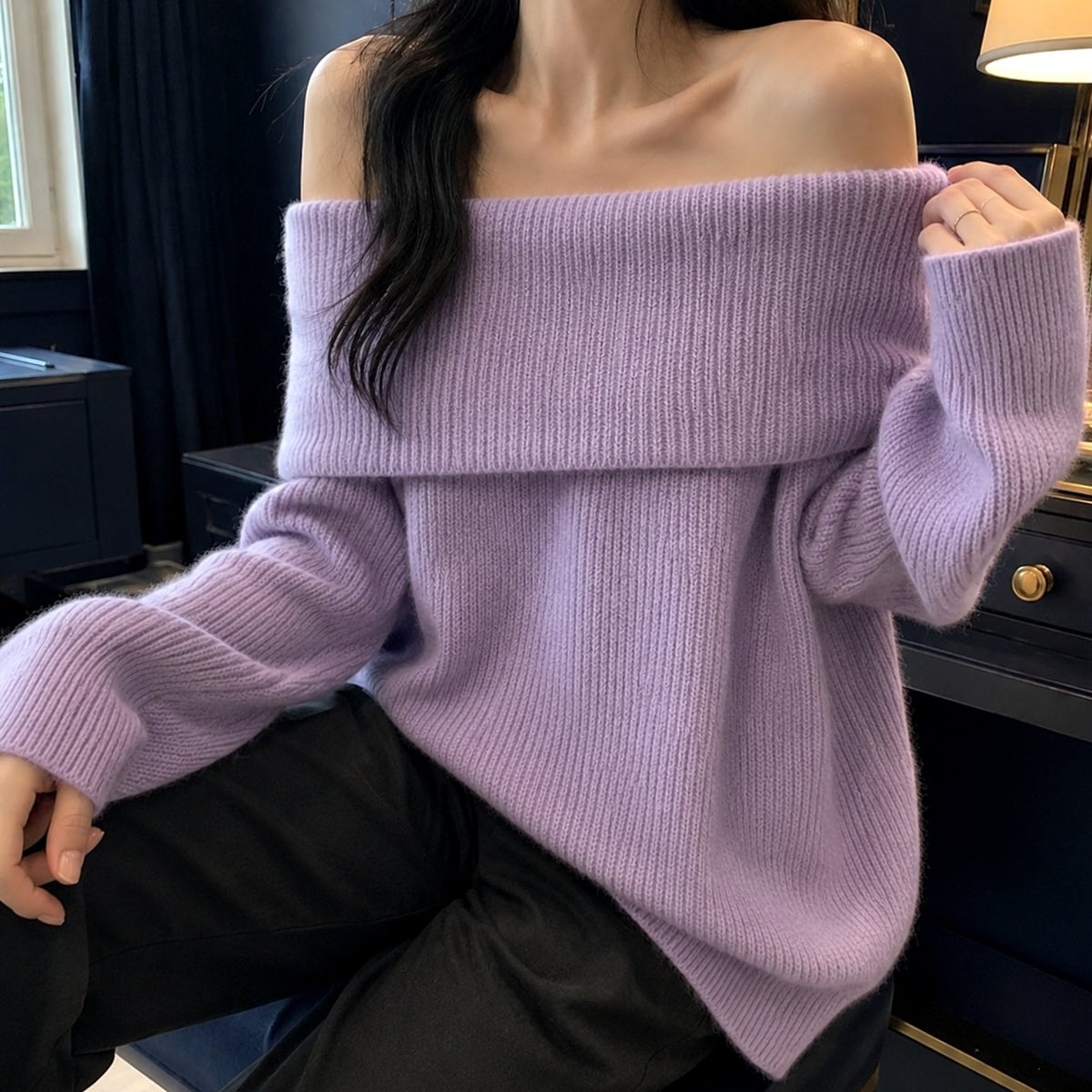 Women's Knitwear Off-Shoulder Oversized Foldover Pullover Jumper - Purple
