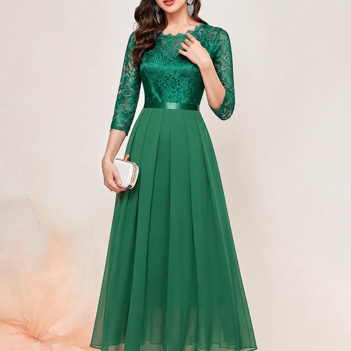 Women's Lace Bodice Pleated Maxi Formal Dresses 3/4 Sleeve A-Line Gown - Green