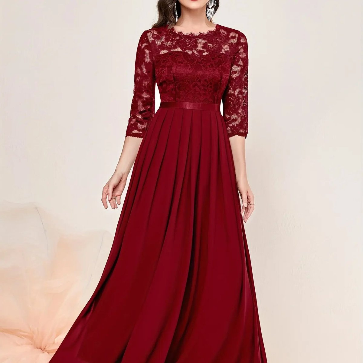 Women's Lace Bodice Pleated Maxi Formal Dresses 3/4 Sleeve A-Line Gown - Red