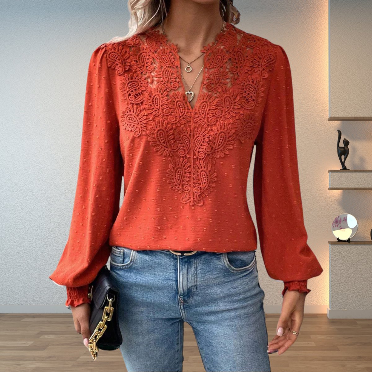 Women's Lace Bodice V-Neck Long Sleeve Dotted Blouse - Terracotta