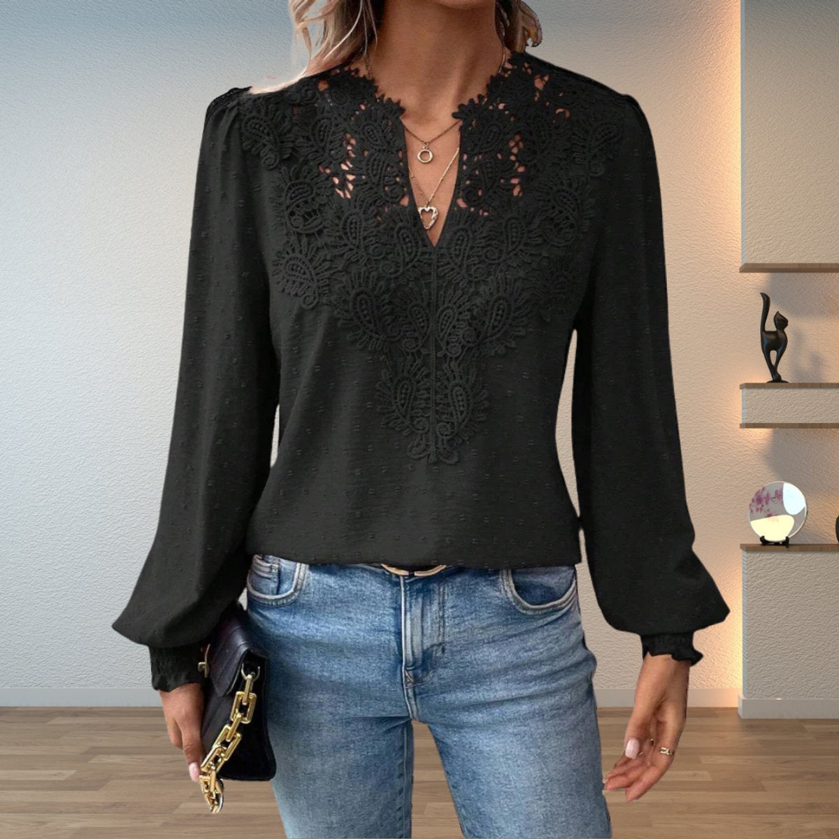 Women's Lace Bodice V-Neck Long Sleeve Dotted Blouse - Black