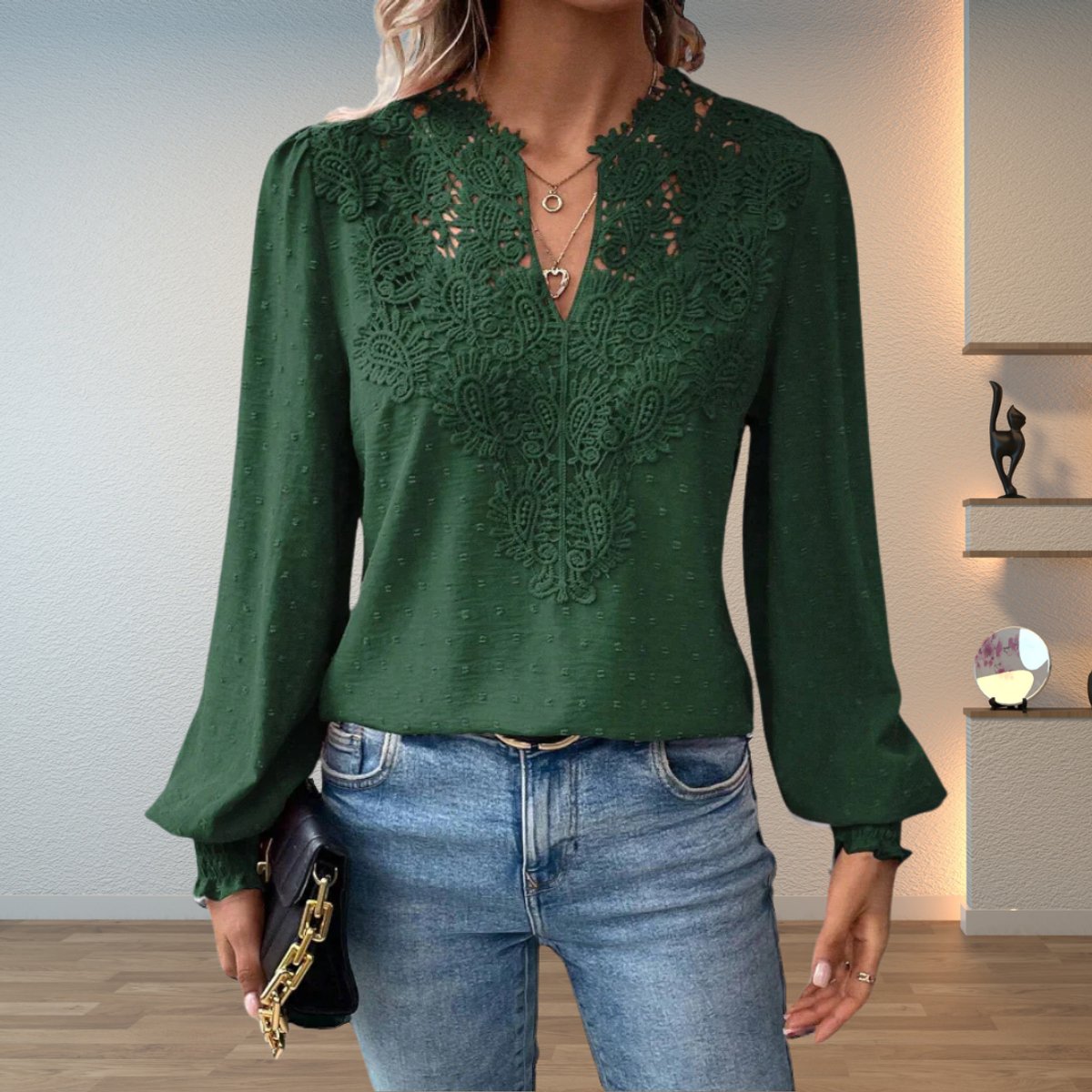 Women's Lace Bodice V-Neck Long Sleeve Dotted Blouse - Dark Green