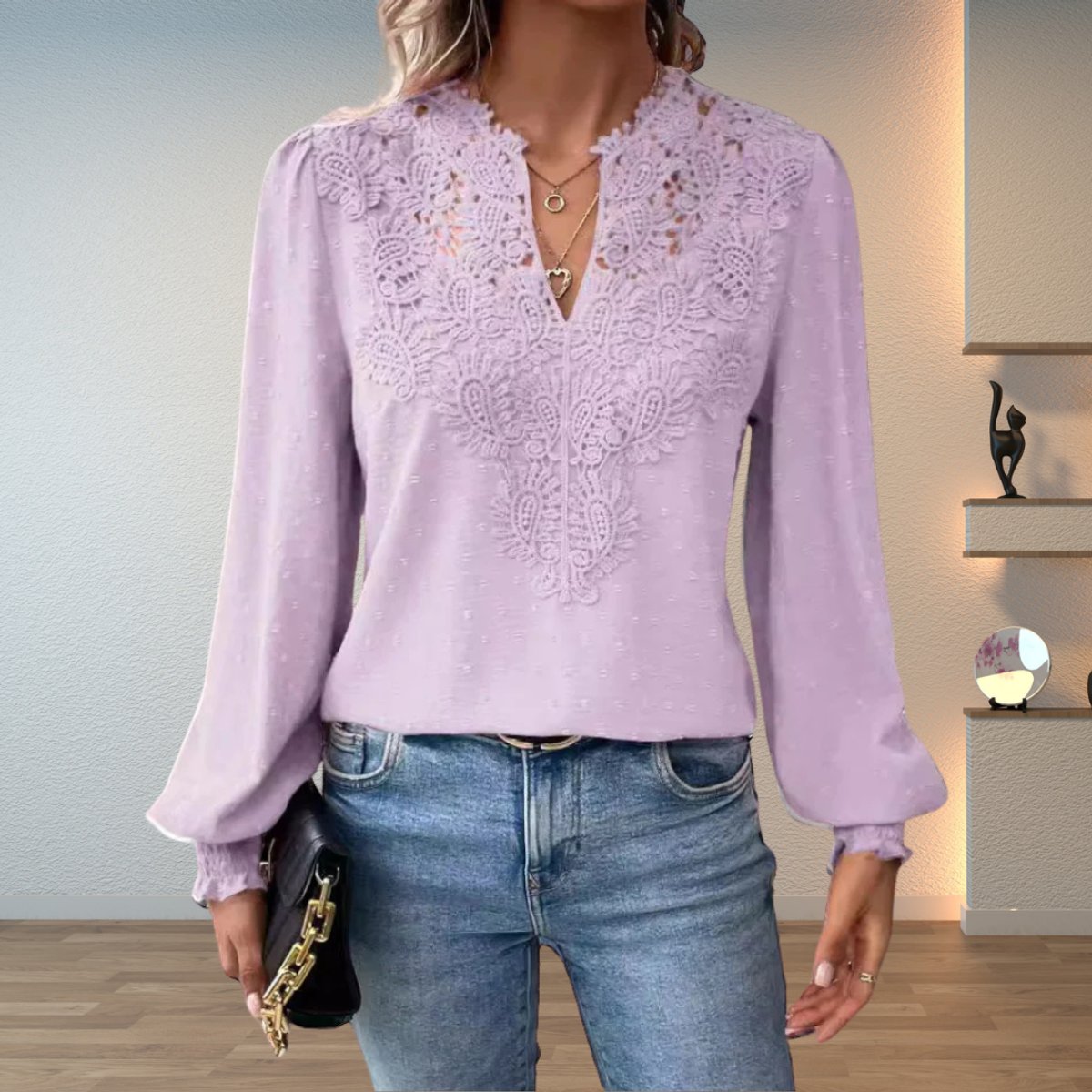 Women's Lace Bodice V-Neck Long Sleeve Dotted Blouse - Light Purple