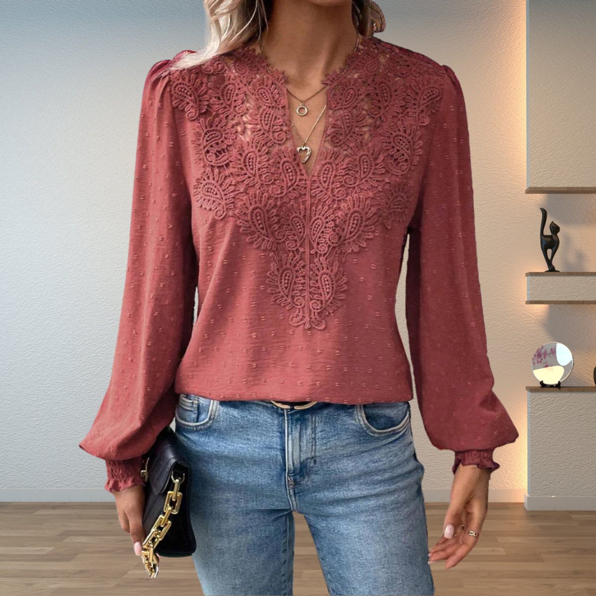 Women's Lace Bodice V-Neck Long Sleeve Dotted Blouse - Dusty Pink