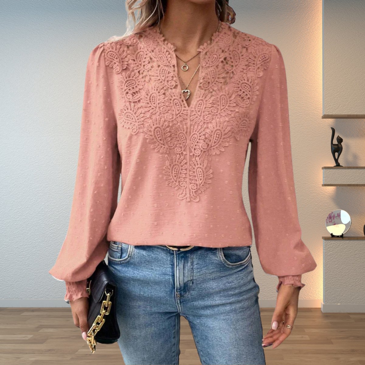 Women's Lace Bodice V-Neck Long Sleeve Dotted Blouse - Pink