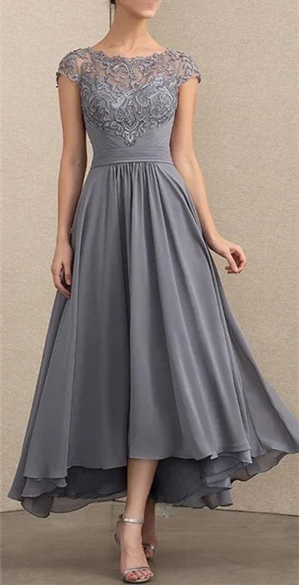 Women's Lace Chiffon A-Line Formal Dresses Cap Sleeve Maxi Gown - Grey