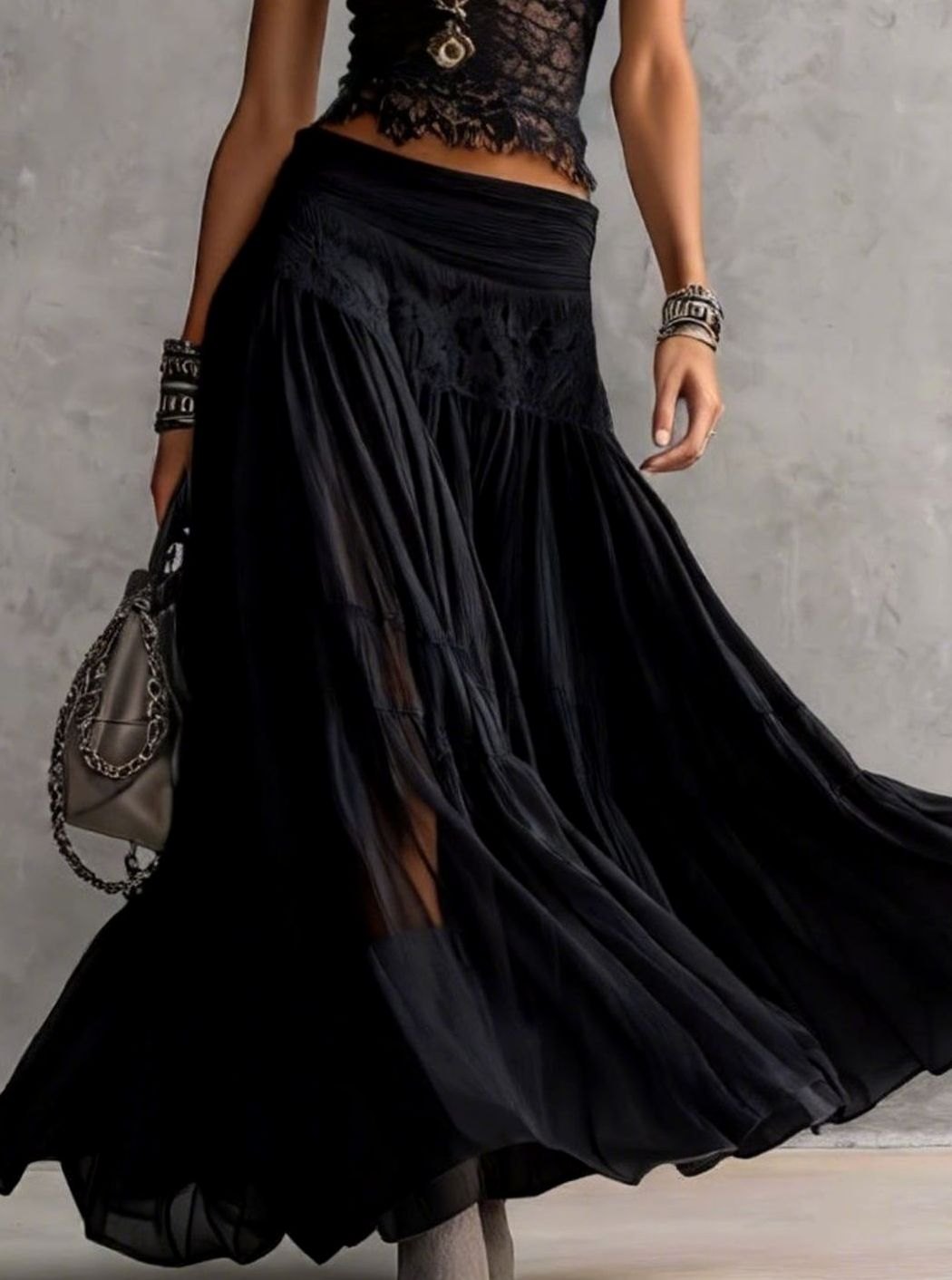 Women's Lace-Panelled Chiffon Crop Top Pleated Maxi Skirt Two Piece Set