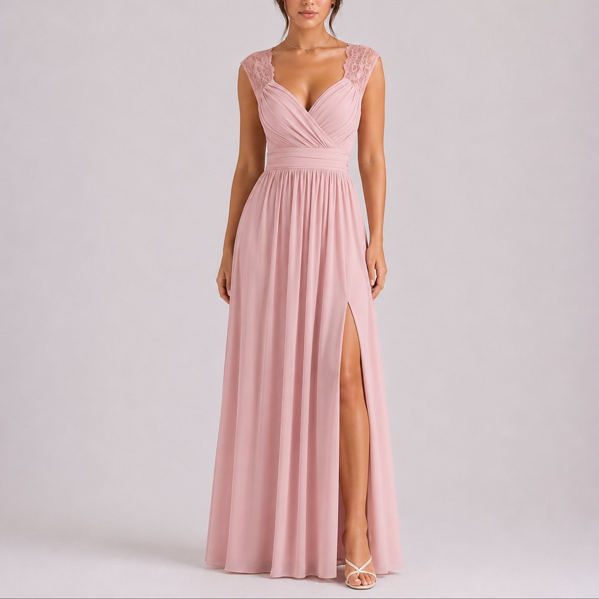 Women's Lace-Shoulder V-Neck Chiffon Maxi Dress Side Slit - Pink