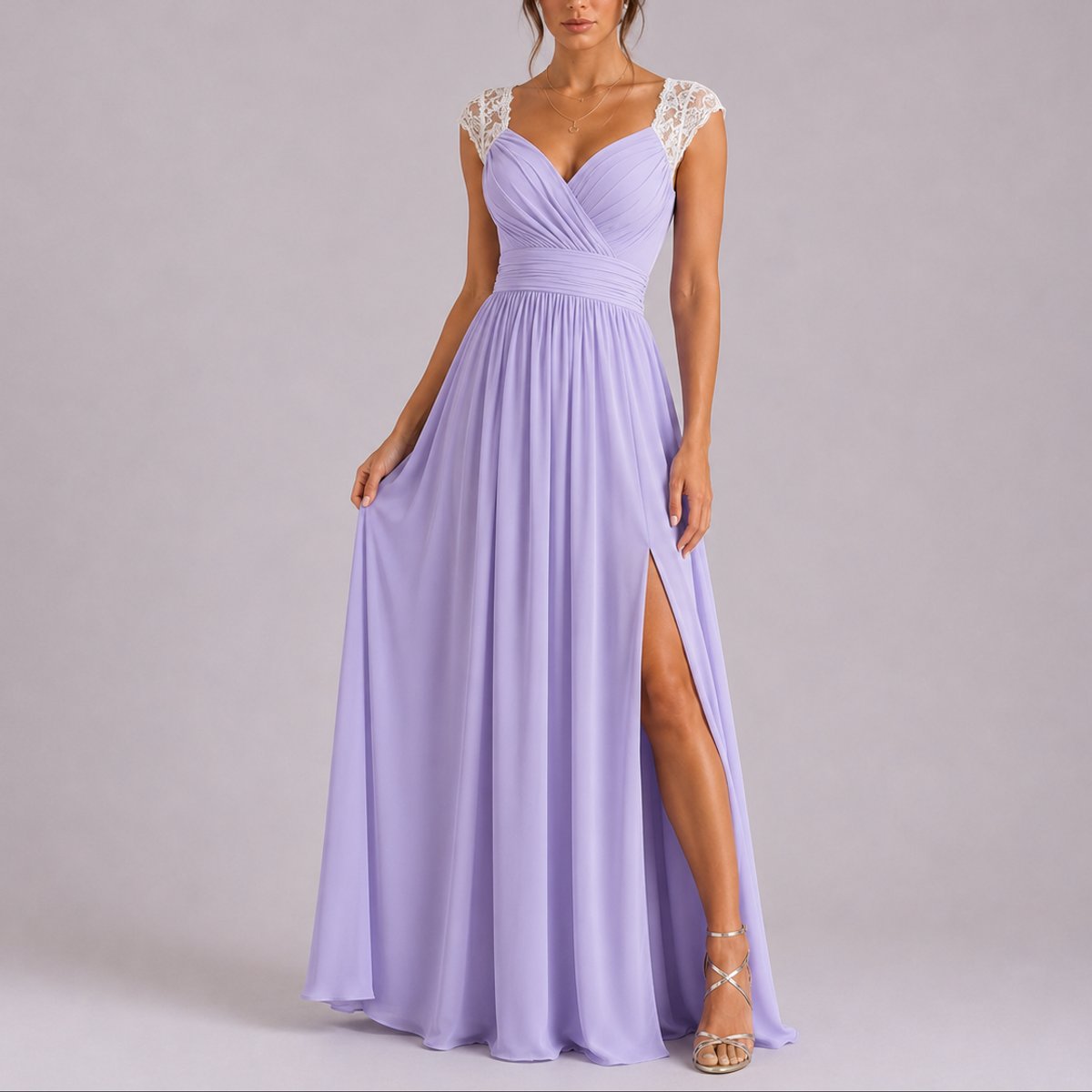 Women's Lace-Shoulder V-Neck Chiffon Maxi Dress Side Slit - Purple