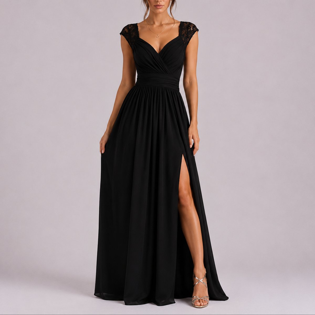 Women's Lace-Shoulder V-Neck Chiffon Maxi Dress Side Slit - Black