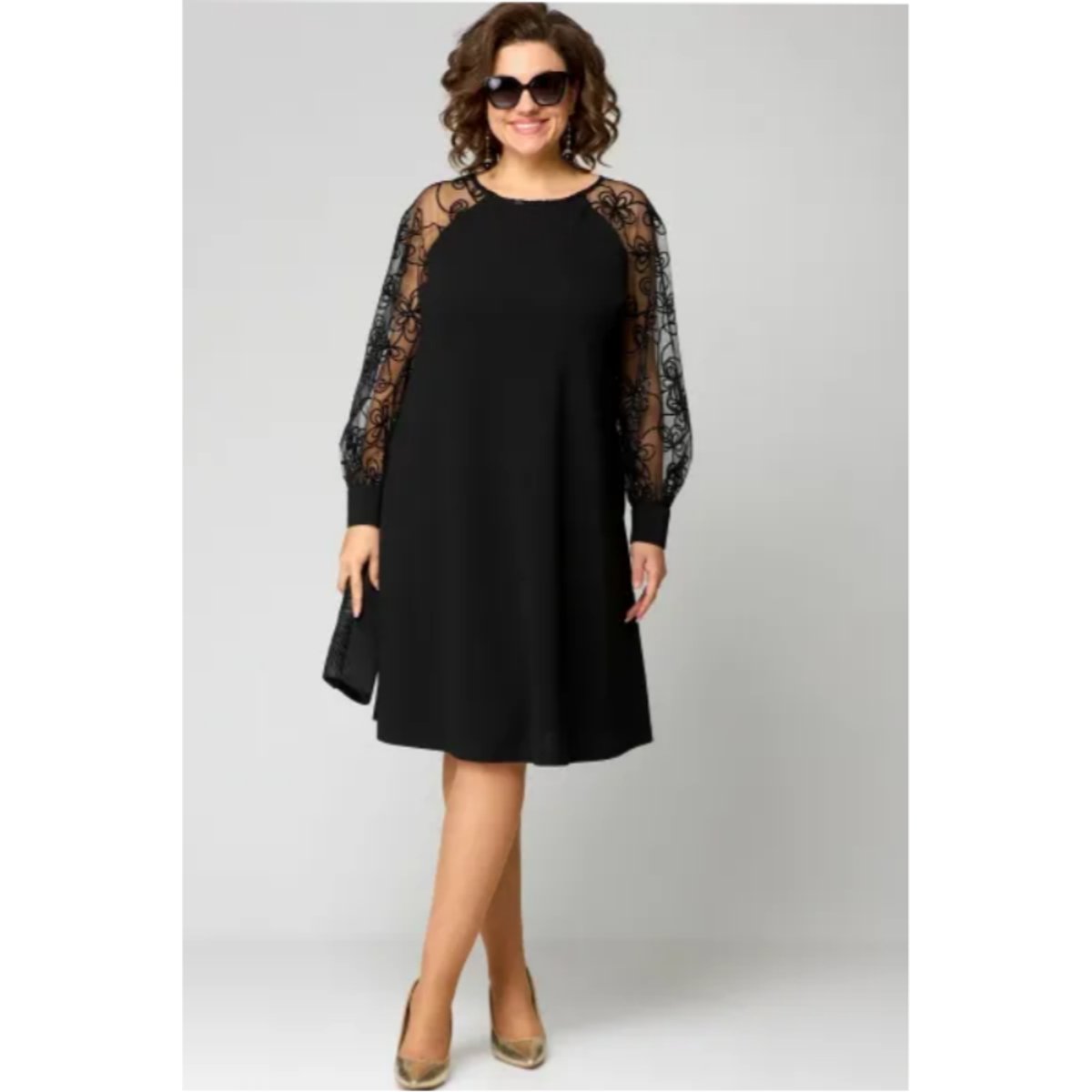 Women's Lace-Sleeve A-Line Knee-Length Formal Dress