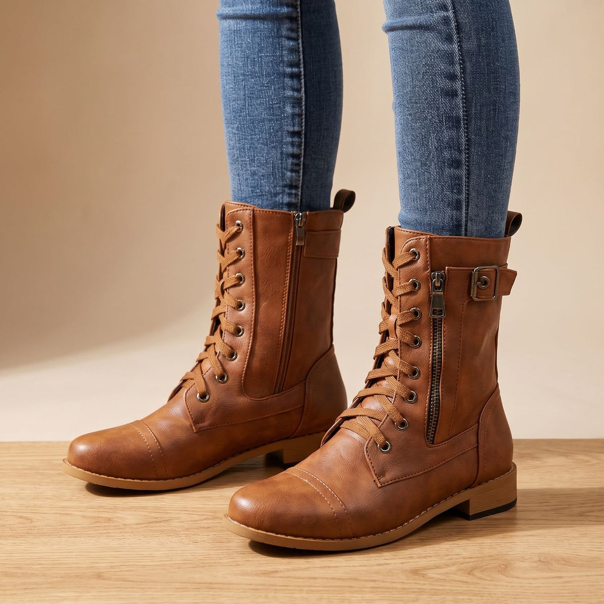 Women's Lace-Up Faux Leather Combat Mid Boots - Brown