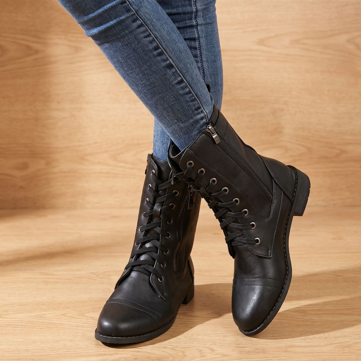 Women's Lace-Up Faux Leather Combat Mid Boots