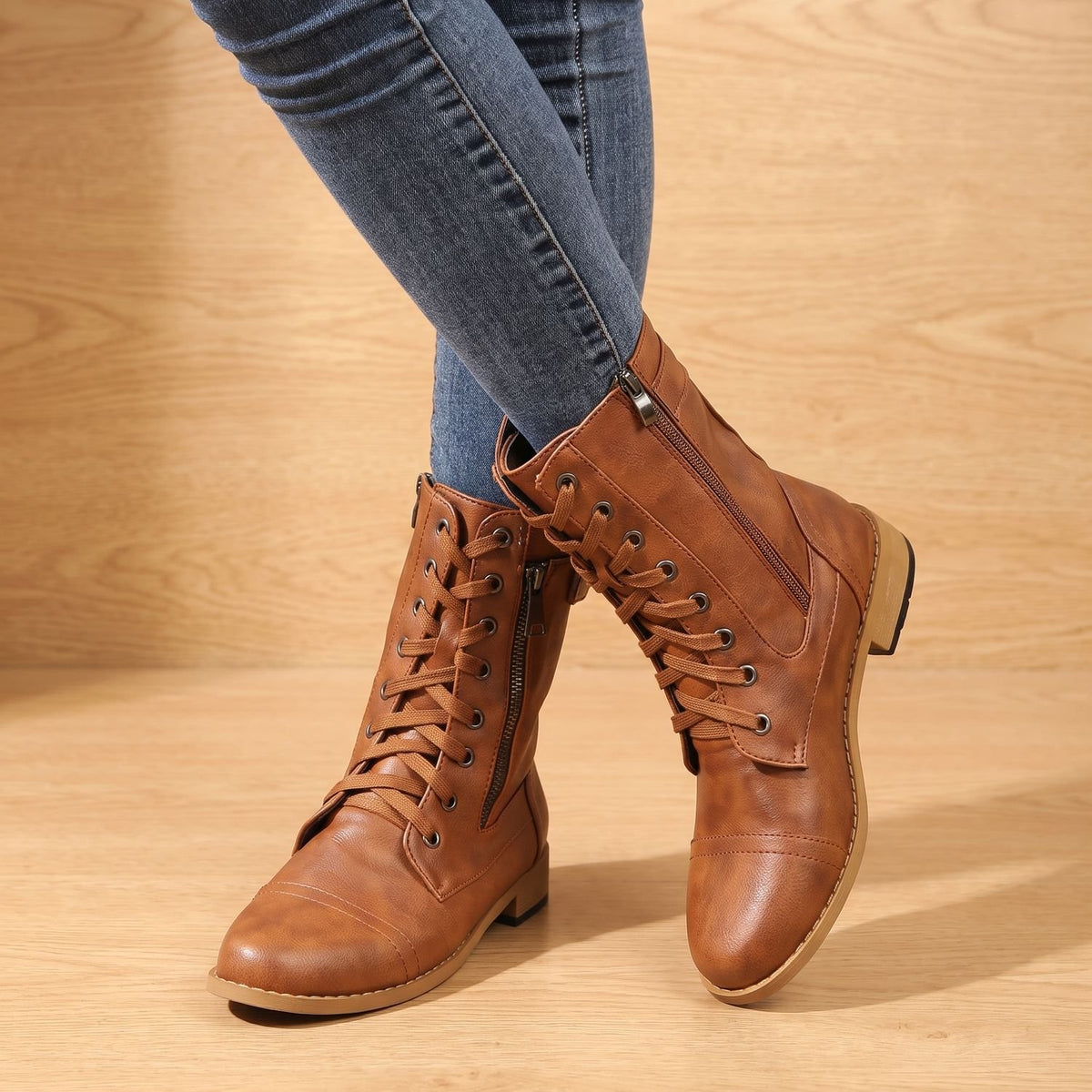 Women's Lace-Up Faux Leather Combat Mid Boots