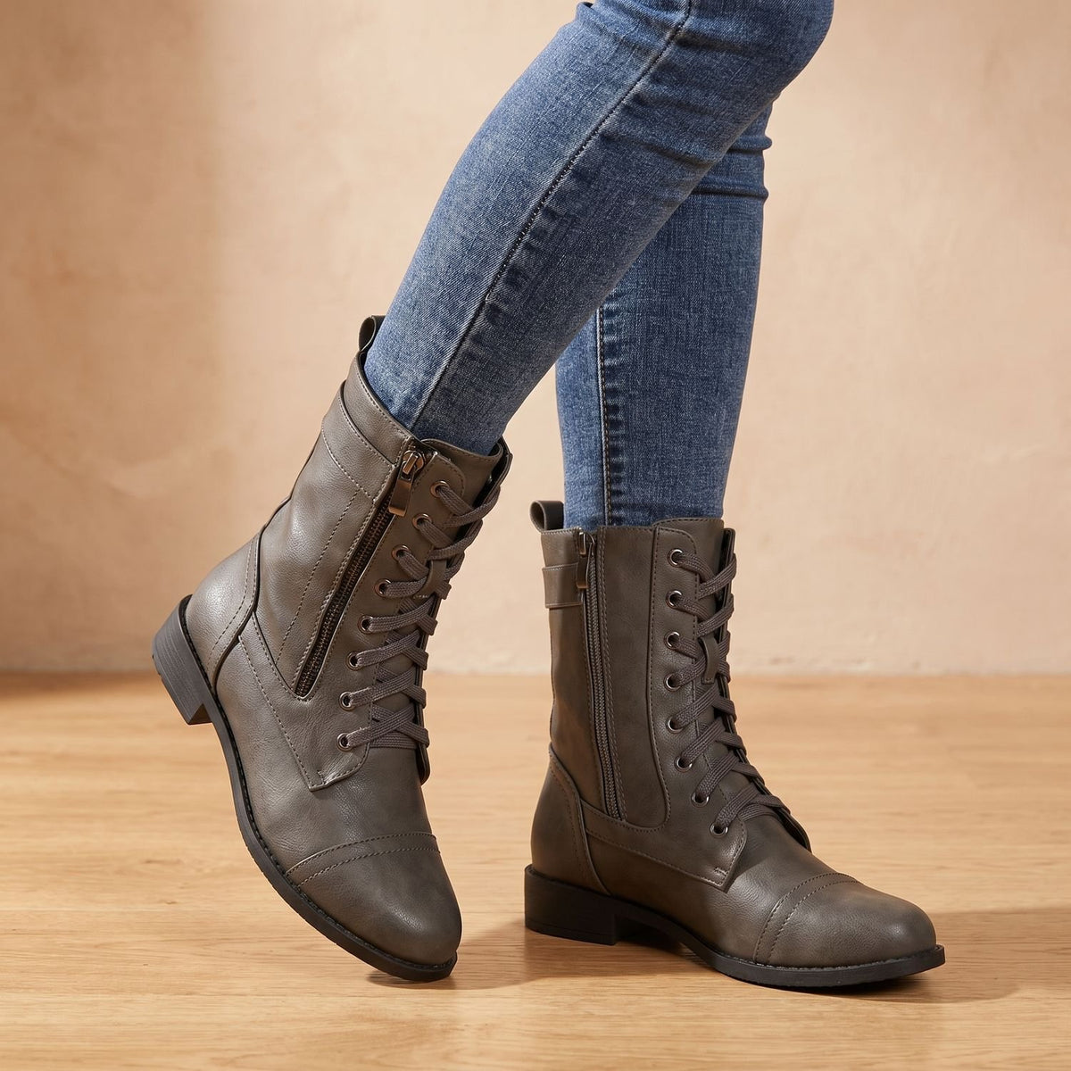 Women's Lace-Up Faux Leather Combat Mid Boots