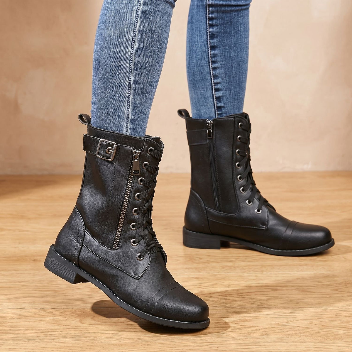 Women's Lace-Up Faux Leather Combat Mid Boots