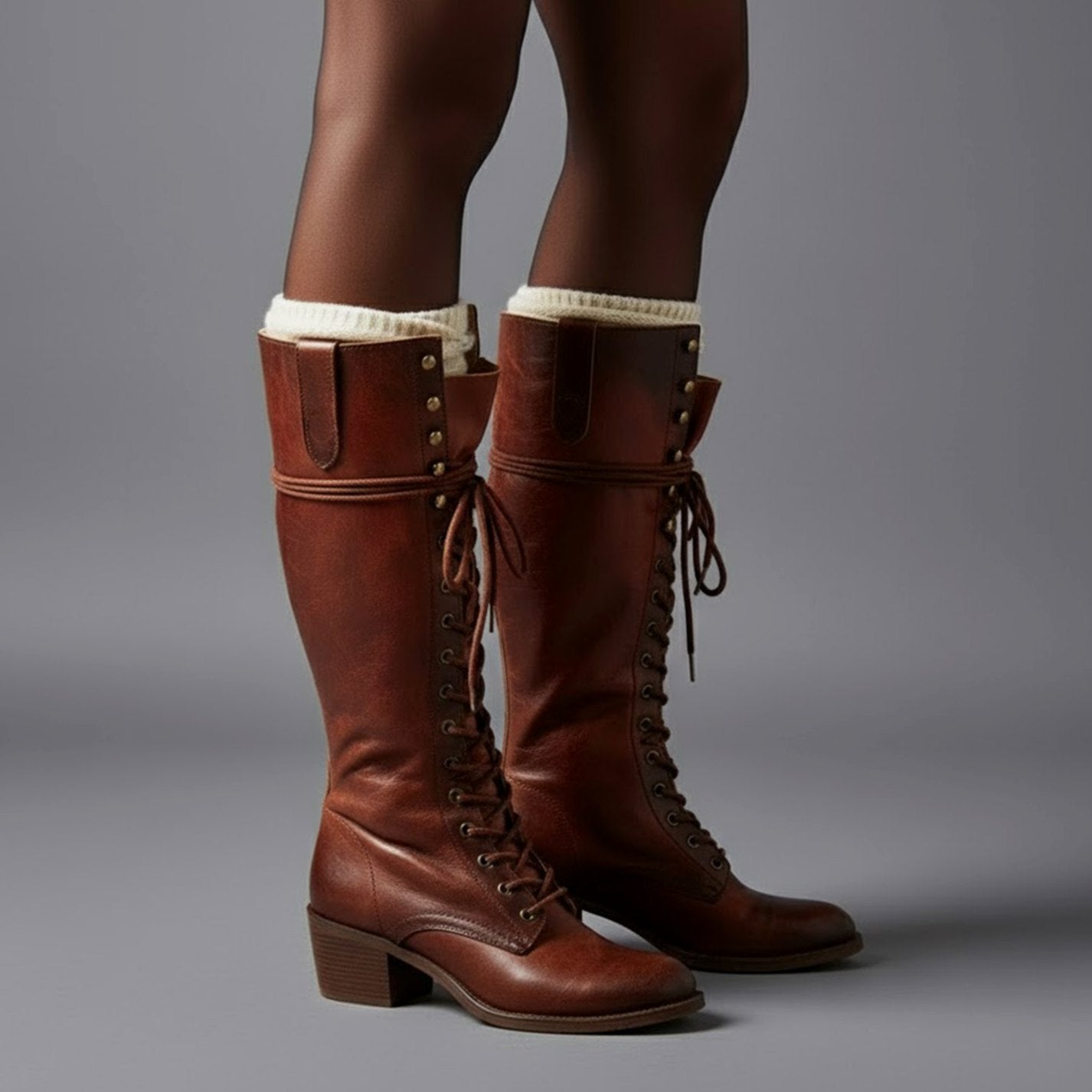 Women's Lace-Up Studded Block-Heel Knee-High Boots