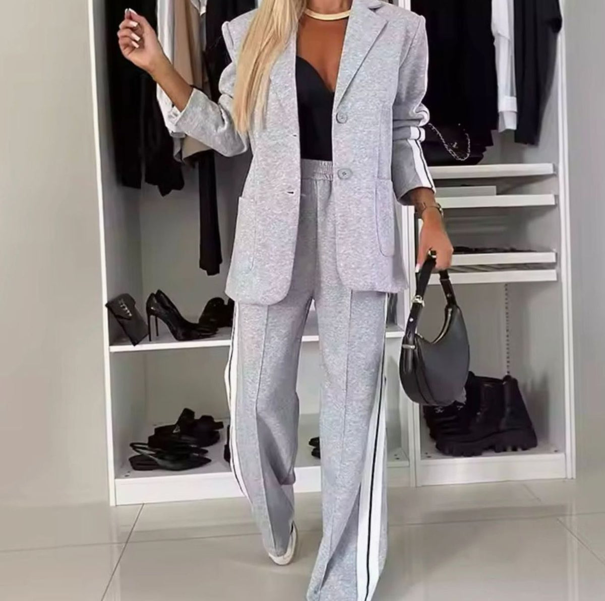 Women's Ladies Blazer Suit Side-Stripe Wide-Leg Trouser Co-ord Set
