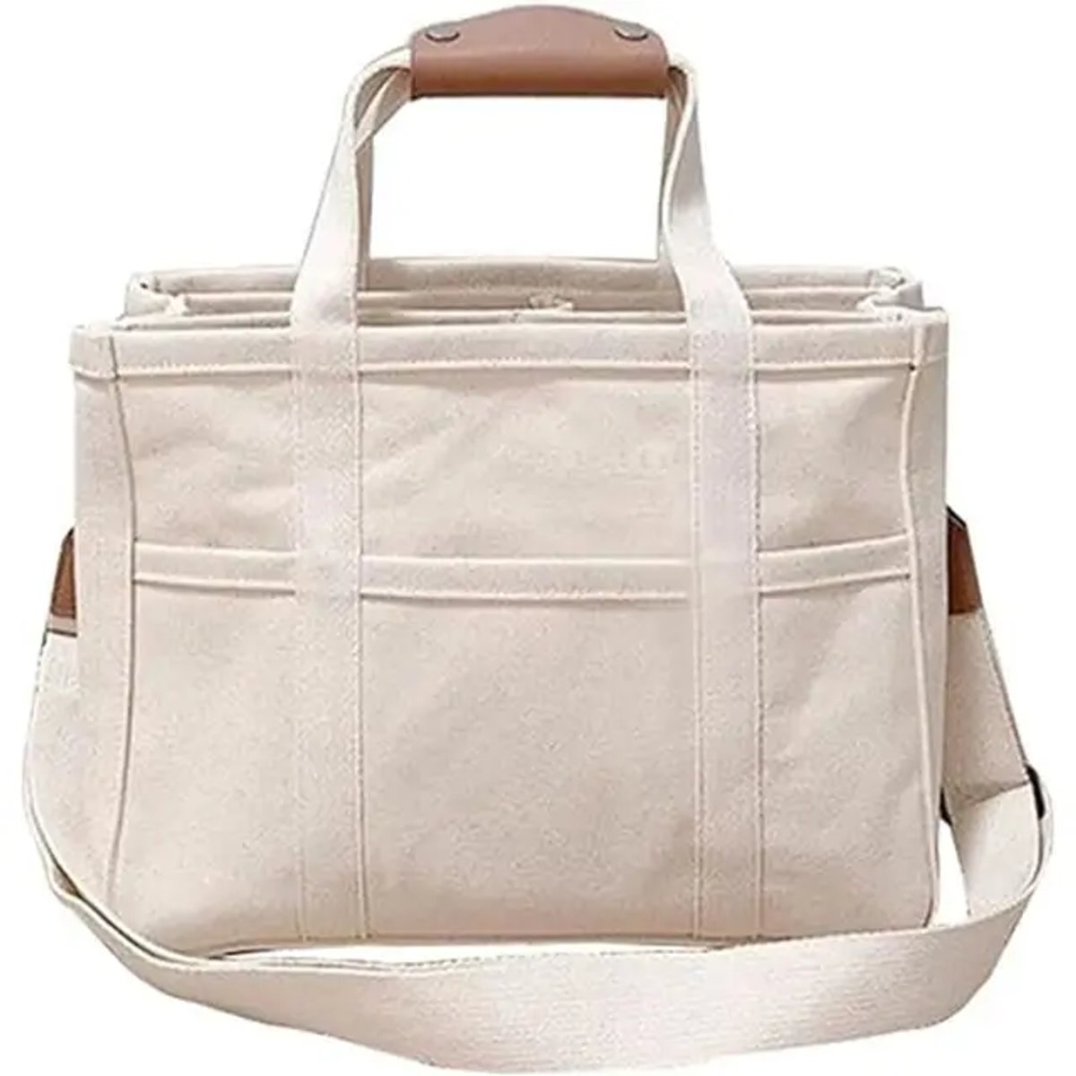 Women's Large-Capacity Multi-Pocket Crossbody Canvas Tote Bag - Beige