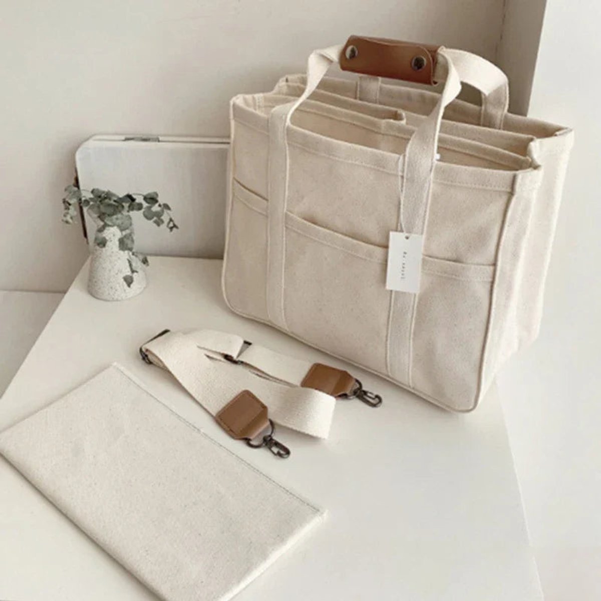Women's Large-Capacity Multi-Pocket Crossbody Canvas Tote Bag