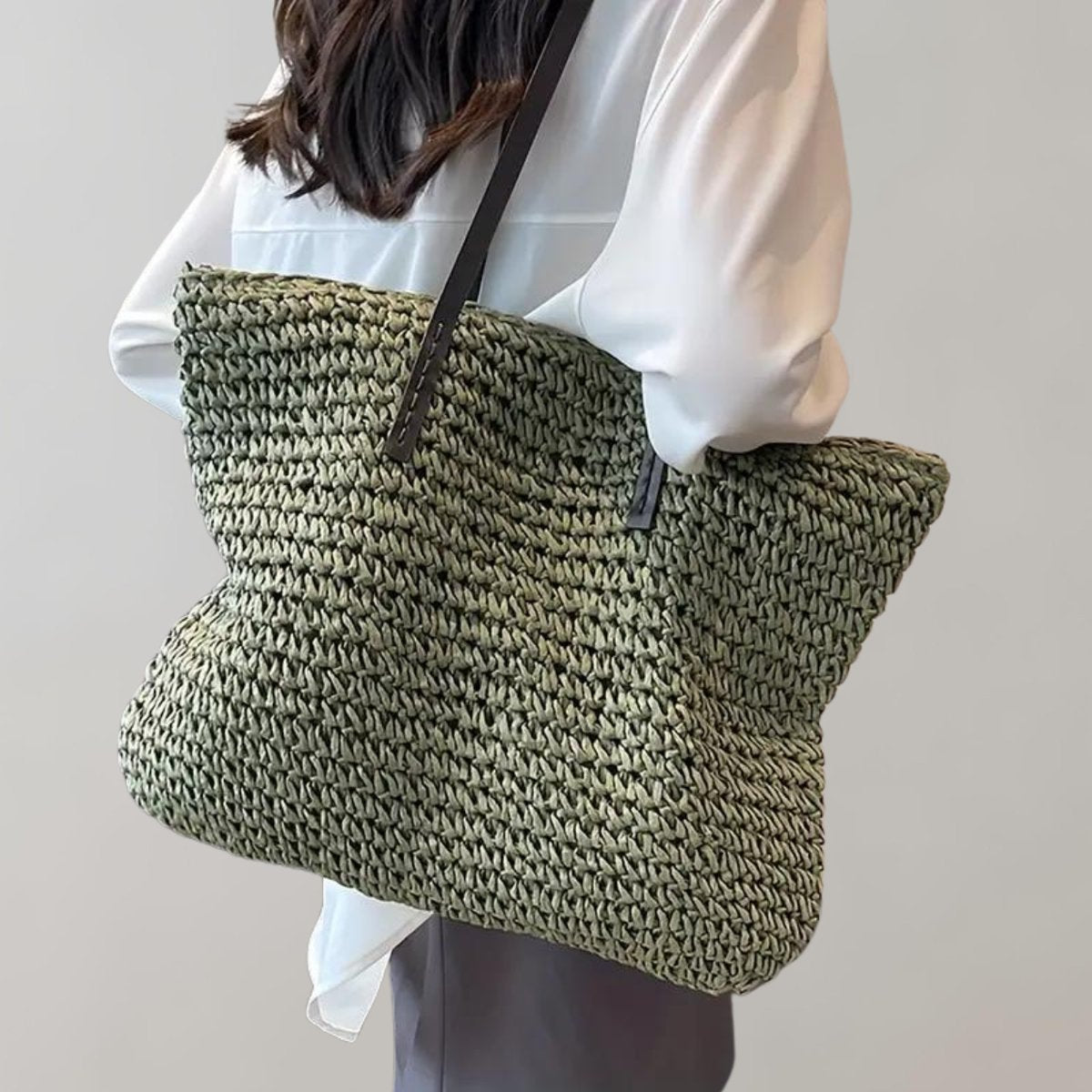 Women's Large Woven Raffia Bohemian Shoulder Tote Bag - Grün